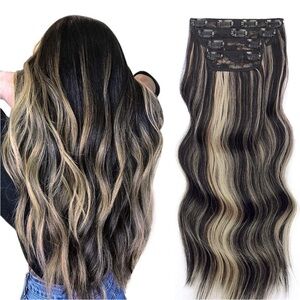 100% Natural Hair 20” Clip in Hair Extensions Black Blonde Mix NEW